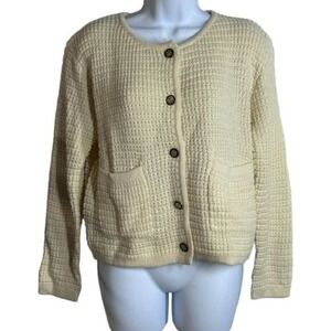 Pretty Garden Waffle Knit Cardigan Gold Buttons Patch Pockets Cream‎ Size S